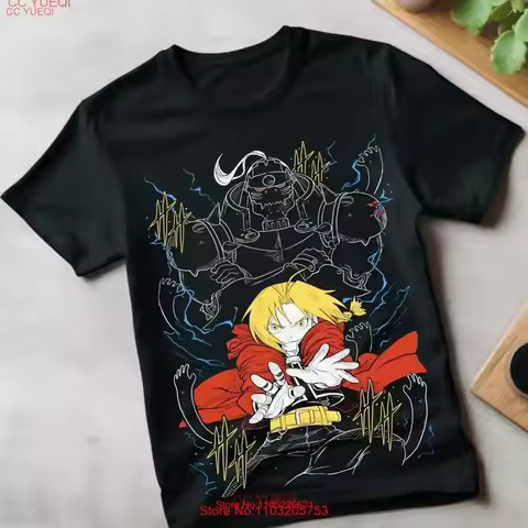 Edward Elric T Shirt Fullmetal Alchemist Brotherhood Fma Alphonse Black vintage Washed Stylish Casua