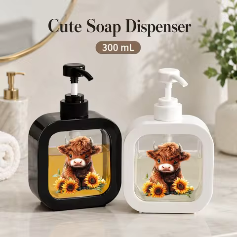 300ml Highland Cow Soap Dispenser Cute Sunflower Pump Bottle Refillable Lotion Shampoo Container for
