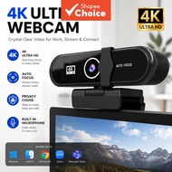 4K Webcam for PC, USB Webcam with Microphone, Auto Focus Computer Camera, Privacy Cover, Plug & Play