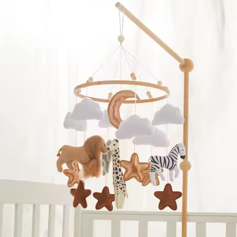Baby Crib Mobile Bed Bell Wooden Rattles Toys Soft Felt Cartoon Animal Toddler Music Rattles Hanging
