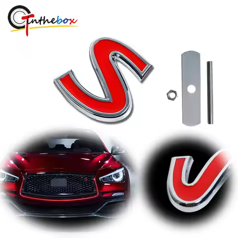 1PC 3D Chrome Red S Letter Logo Car Front Grill Badge Sticker Decor w/ Mounting Bolt For Infiniti Q5