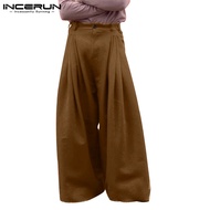 INCERUN Men Casual Solid Color High Waist Pleated Wide Leg Loose Long Pants