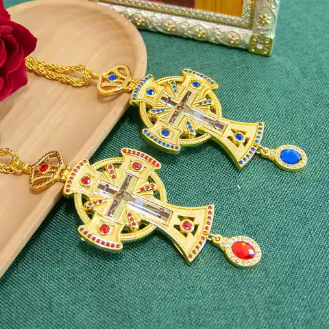 HTISOK Orthodox Cross Necklace Gold Plated Priest Pectoral Cross Icon Russian Pendant Red Stone Reli