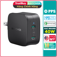Adapter Củ Sạc Nhỏ Gọn 2 Cổng Type-C PD 3.0 & QC 3.0 40W PPS 25W RAVPower RP-PC152 - Hàng Chính Hã