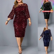 D9tI Erin_women o neck 3/4 sleeve sheer patchwork shiny sequins bodycon knee-length dress