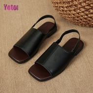 YOTO Retro Soft Leather Square Toe Flat Sandals For Women Casual Fashion Versatile Sandals
