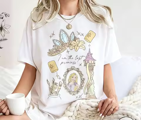 Adults and Children’s French Retro Disney Princess Cotton T-Shirt Rapunzel Tower, Tatiana Castle, Cr