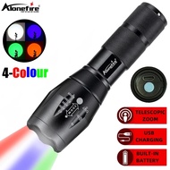 Alonefire E17-C-RGB 4-In-1 Multicolor Zoom LED Flashlight Red Blue Green White Lamp USB Charging Por