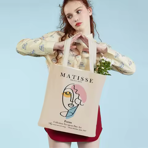 Matisse Retro Flowers Face Coral Abstract Supermarket Shopper Bags Nordic Lady Tote Handbag Canvas W