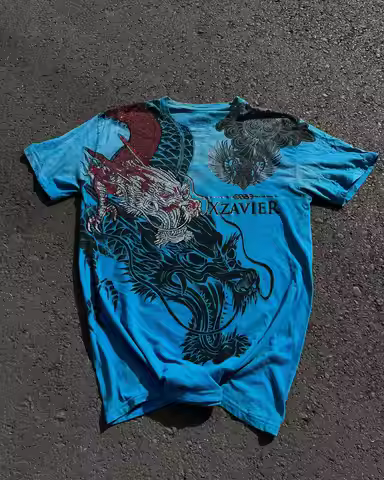 Xzavier Oriental Dragon Print T-Shirt Gothic Blue Graphic Streetwear Tee for Men Women Retro Short S