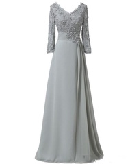 【YF】 Sexy Sliver Lace Mother of the bride Groom Dresses with Long Sleeves Sequin V neck Chiffon Plus size Formal Evening Party Gowns