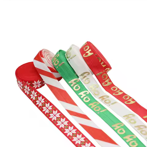 5/8” Gold foil Christmas HO HO HO FOE Ribbon Snowflake Fold Over Elastic welcome custom design