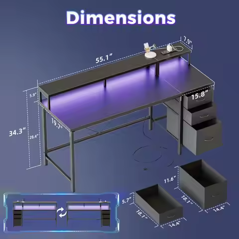 Computer Desk 55 inch with Power Outlets amp LED Lights, Gaming Desk with 3 Drawers for Home Office,
