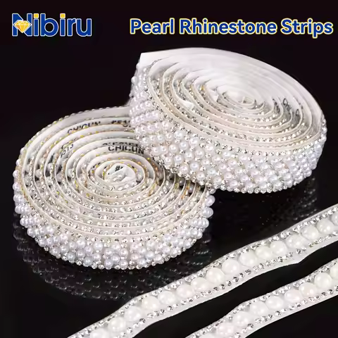 Nibiru 1Yard/91cm Self Adhesive Pearl Rhinestone Trim Tape Flatback Crystal Gem Strip for Wedding Dr