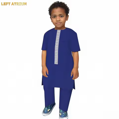 Afrcian Pants 2 Pcs Set African Children Clothing Baby Boy's Clothes Short Sleeve Patchwork Boy Dash