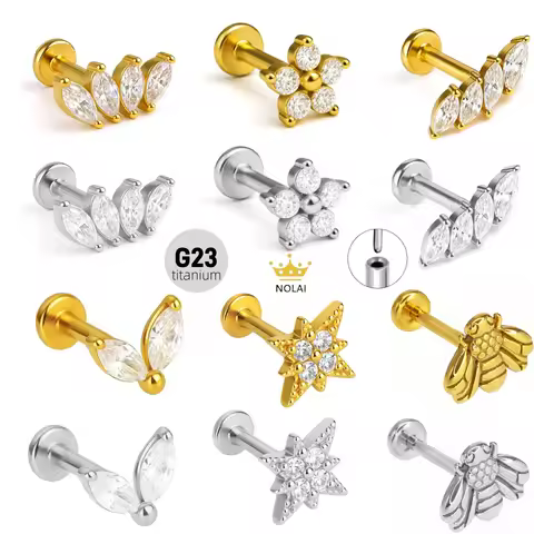 G23 Titanium 18K Gold Threadless Piercing Jewelry Flower Bee Design Labret Lip Stud Tragus Cartilage