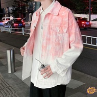 【HOT SALE】❀ baju batik lelaki European printing Pink tie-dyed denim coat men's very fairy ruffian ha