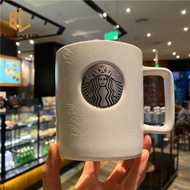 Starbucks Cup Large Capacity Black and White Starbucks Coffee Cup Plantation Silver Seal Mug Ceramic Drinking Cup 473ml
