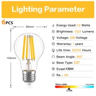 Genixgreen 6PCS LED Filament หลอดไฟ E27 12W High Lumen Dimmable Edison โคมไฟ220V A19 Vintage Globe L