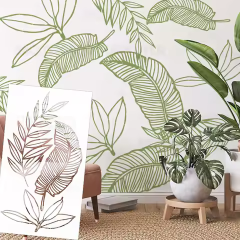 Palm Tree Leaf Line Art 58cm - 97cm Wall Stencil Decor For Painting Plaster Putty Decorative Larges 