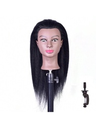 帶頭髮的人體模型,16"美髮美容人體模型,訓練練習造型娃娃頭,並附送夾子座 - 黑色
