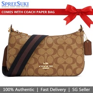 Coach Handbag In Gift Box Crossbody Bag Jes Baguette In Signature Canvas Gold / Khaki Saddle Brown # C7264