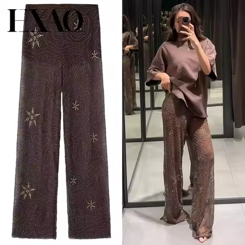HXAO Women's Brown Sequins Pants Spring Summer 2025 Elegant Beading Semi-Sheer Trousers Chic Slacks 