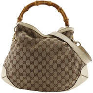 Gucci 竹節肩包 169961 GG 帆布棕色翻蓋斜/肩包 - 女士 [二手]