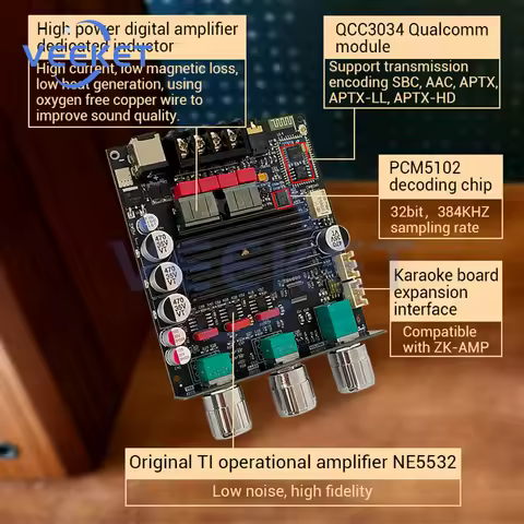 ZK-1002Q 100Wx2 Channels Digital Amplifier Board Bluetooth 2.0 QCC3034+TPA3116 APTX Lossless Audio A