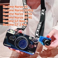 Case For Realme GT 2 Pro Realme GT Neo 3 Realme Narzo 20 Pro Narzo 20 Narzo 30 Retro Camera lanyard Casing Grip Stand Holder Silicon Phone Case Cover With Camera Doll