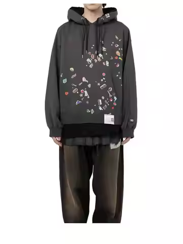 25AW MMY Japanese Casual Cotton Fun Printed Hot Plate Washing Water Damage Hooded Sweatshirt