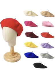 1入兒童中性11色純色羊毛貝雷帽,配有輕質板,適合日常穿著或購物