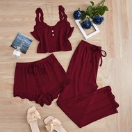 【Bestnifyloca】Women 3-Piece Sleepwear Set High Elasticity Lace Trim Tank Top Shorts Pants