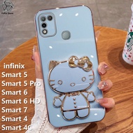 YuPin เคสโทรศัพท์ฮัลโหลคิตตี้น่ารักสำหรับ Infinix Smart 5 / Smart 6 /Smart 7 / smart 6 HD / smart 5 Pro / Smart 4 / 4C เคสโทรศัพท์สี่เหลี่ยมซิลิโคนนิ่มเคลือบโลหะด้วยไฟฟ้าขาตั้งกระจก