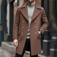 Men's Casual Versatile Solid Color Double-Breasted Wool Blend Coat, Autumn/Winter Men Outfit Men Bro