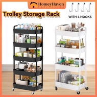 Trolley Shelf Rack Troli Rak Dapur Rak Kitchen Bathroom Storage Rack 4/5 Tier with 4 hooks with 4 wh