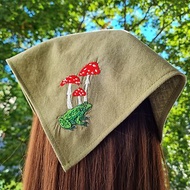 Frog Mushroom embroidered bandana triangle head scarf with ties, kerchief cotton
