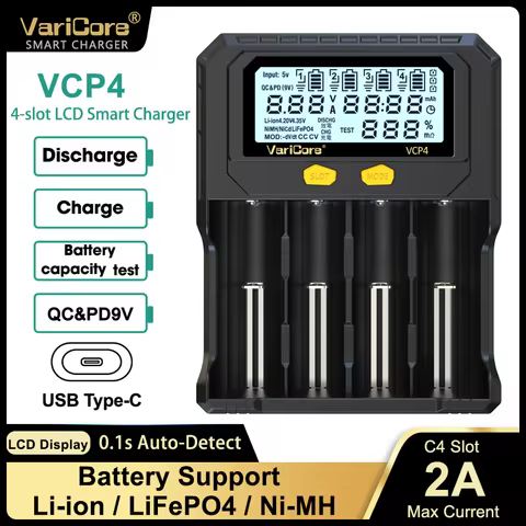 VariCore VCP4 LCD Smart Battery Charger Test Capacity for 3.7V 18650 21700 26650 18500 Li-ion 3.2V L