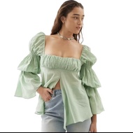 Mitr French Style แขนพอง คอวี ผ้าฝ้ายอินทรีย์ เสื้อเชิ้ตคอกลมแขนยาวทรงหลวมสบายๆ สำหรับผู้หญิง