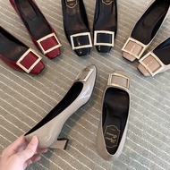 Autumn and Winter Single mid heel shoes travel single shoes RV shoes square toe genuine leather cele