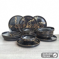 WINSTON 16pcs Dinner Set BLACK MARBLE Pizza Plate 10.25in & 8.25in 4pcs Bowls 7.5in & 5.5in 4pcs