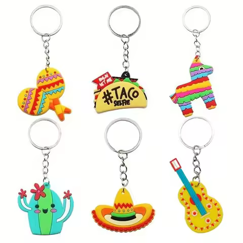 6pcs Mexican Theme Keychains PVC Cactus Taco Sombrero Maraca Piñata Guitar For Party Decor Bag Car A