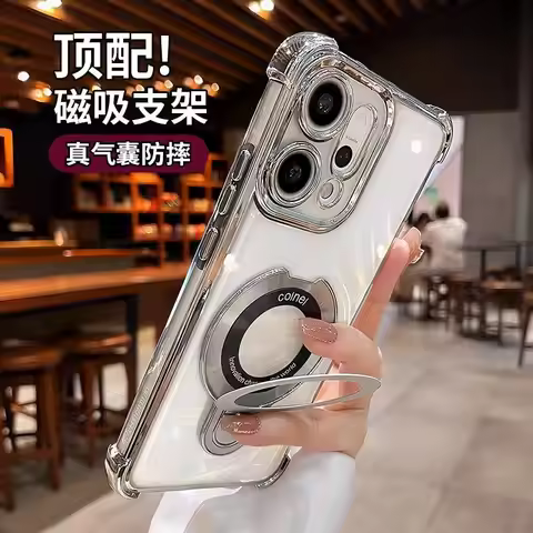 For OPPO Reno 14 Pro 14F 14FS 5G Case Magnetic Holder Luxury Plating Silicone Transparent Camera Pro