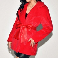 Women's Red Solid Color Fluffy Collar Winter Jacket, Elegant, Fashionable For Fall/Winter Women's Cl