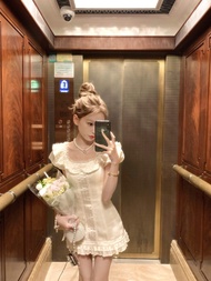 Pure Desire Style Satin Dress Lace Trim Princess Skirt Korean Style Commute Lace Short Sleeve Short