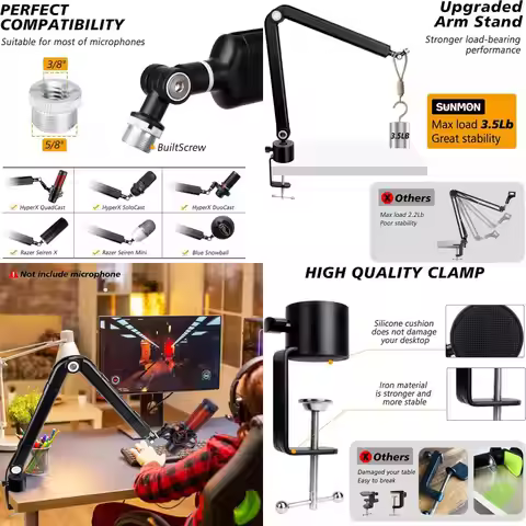 Universal 360° Rotating Metal Mic Boom Arm for HyperX Cloud, Blue Yeti, Rode NT1-A, and More Gaming 