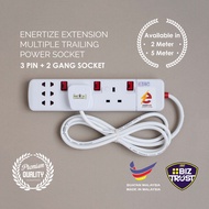 Enertize Extension Multiple Trailing Power Socket Plug : 3 PIN + 2 GANG SOCKET with 2 / 5 METER CABL