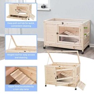 Wooden Rabbit Hutch Indoor Small Animal Cage with Ramp, Wheels & Pull-Out Tray