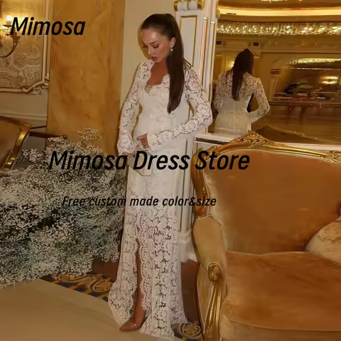 Mimosa Full Lace Prom Dresses V Neck Long Sleeves Bride Wear Wedding Dress Front Slit Evening Party 