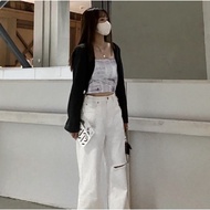 LILO Yujin Set (3 in 1) | Women's Jeans Trousers Set Black and White Ripped Culottes Set Korean Styl